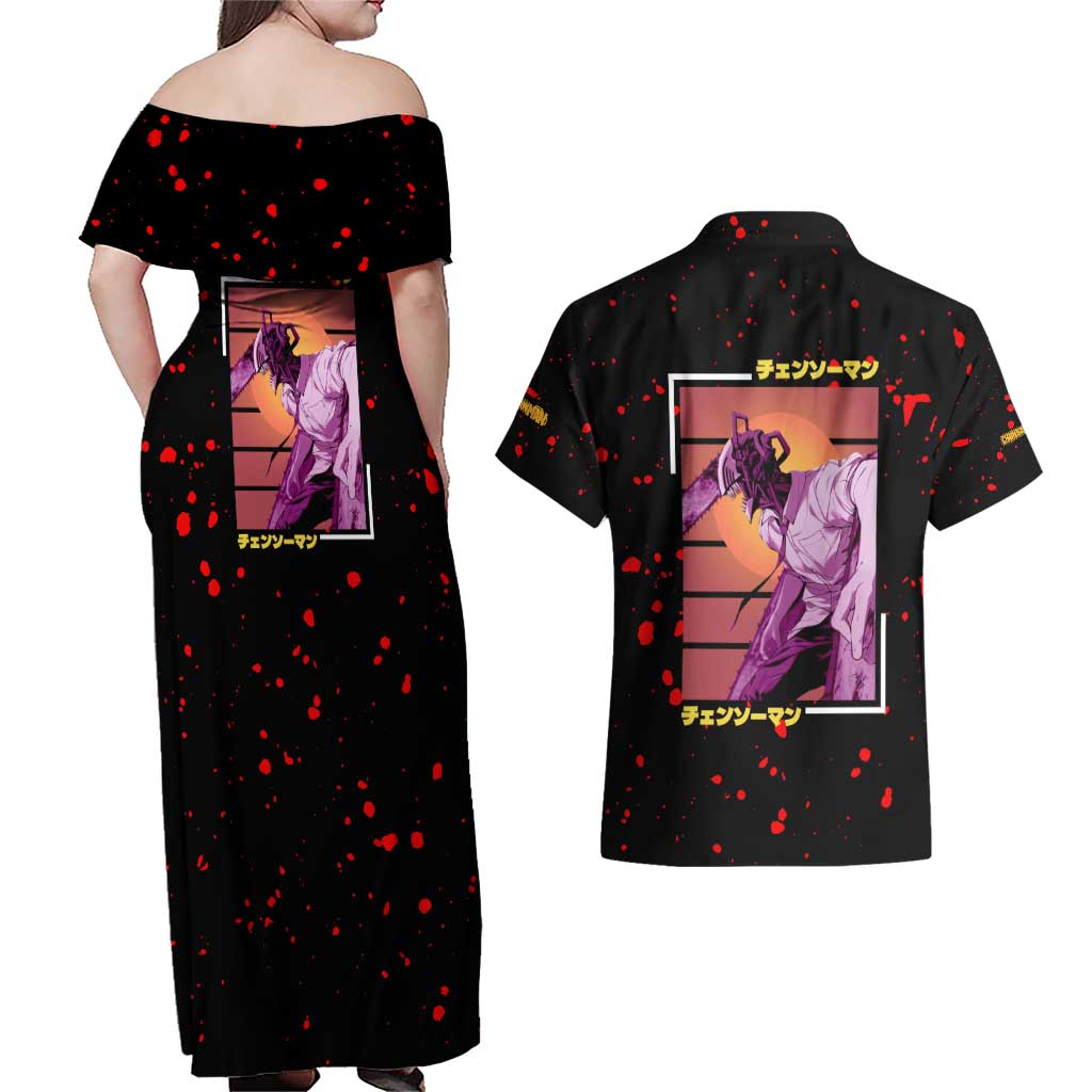 Chainsaw Man Couples Matching Off Shoulder Maxi Dress and Hawaiian Shirt Anime Style