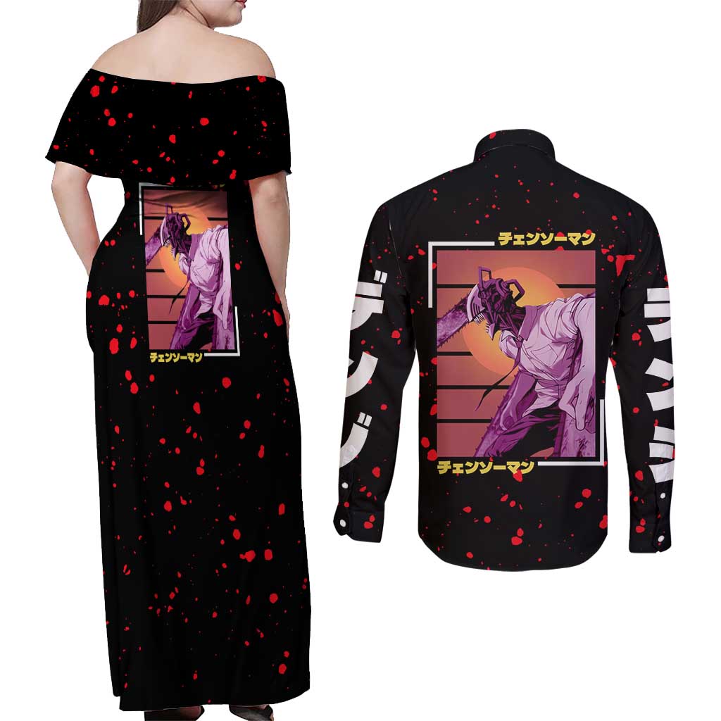 Chainsaw Man Couples Matching Off Shoulder Maxi Dress and Long Sleeve Button Shirt Anime Style