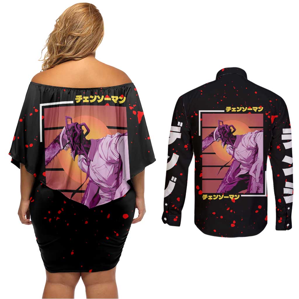 Chainsaw Man Couples Matching Off Shoulder Short Dress and Long Sleeve Button Shirt Anime Style