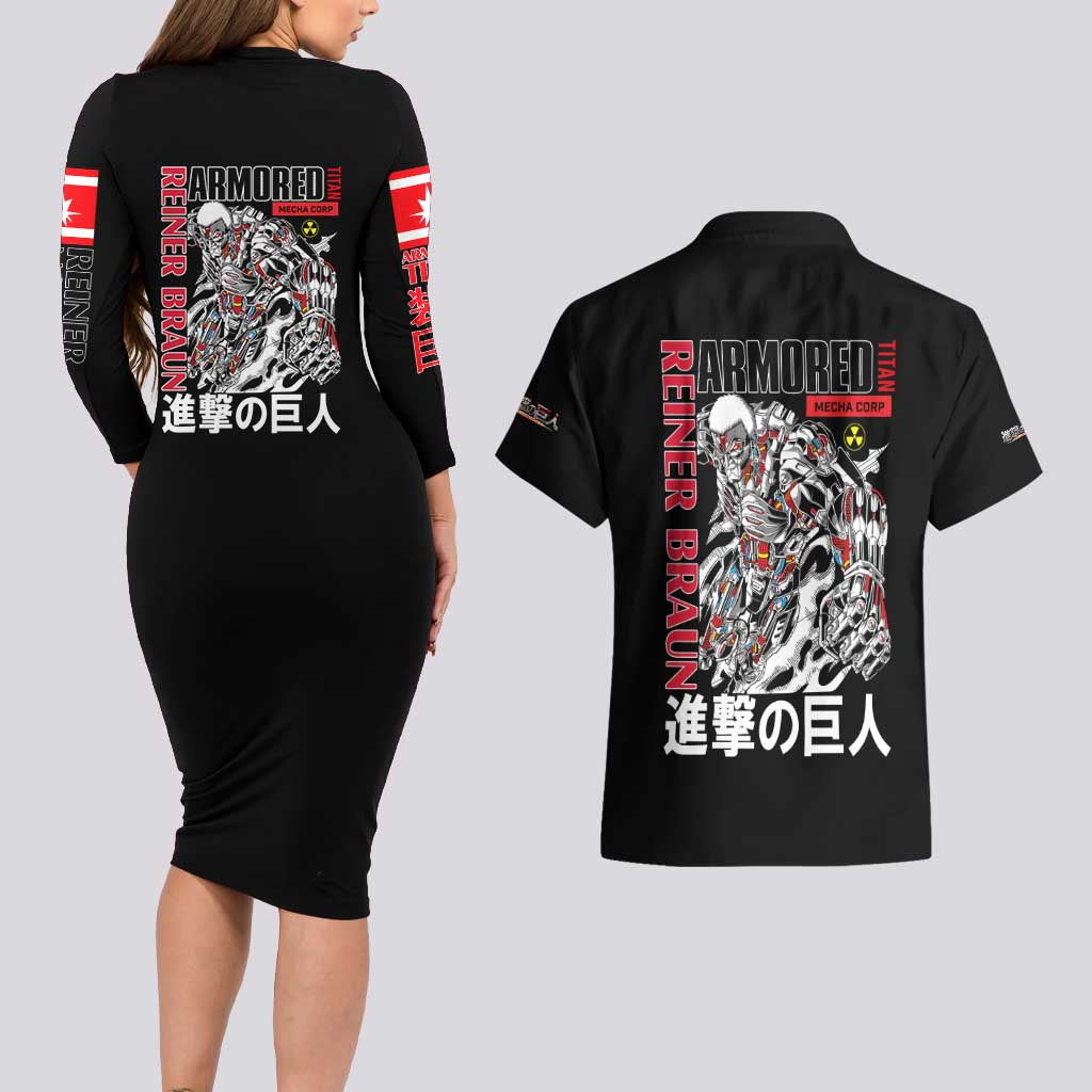 Armored Titan Attack on Titan Couples Matching Long Sleeve Bodycon Dress and Hawaiian Shirt Anime Style