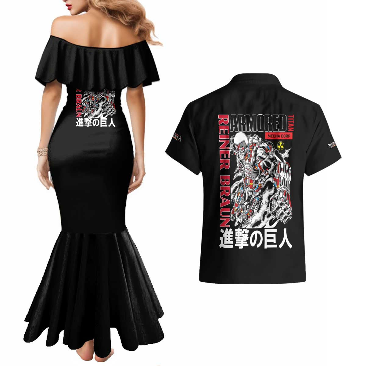 Armored Titan Attack on Titan Couples Matching Mermaid Dress and Hawaiian Shirt Anime Style