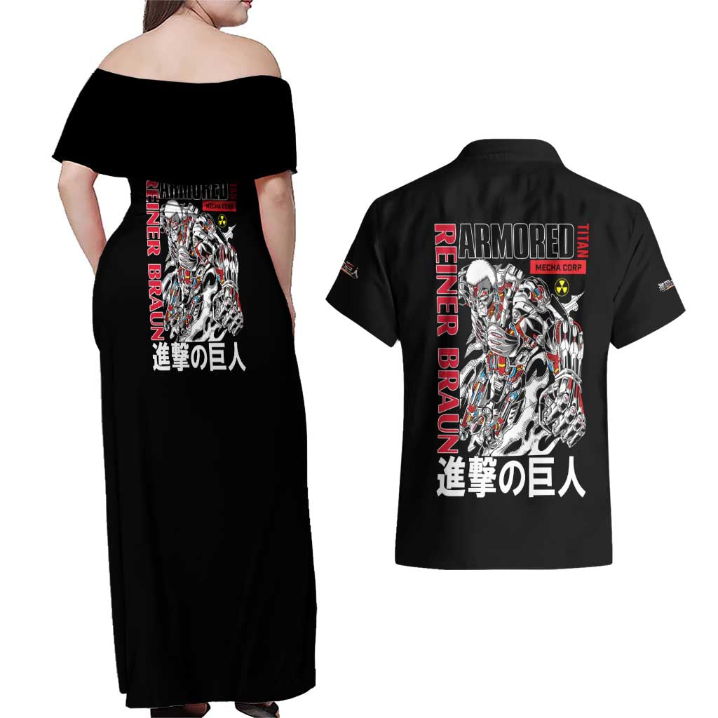 Armored Titan Attack on Titan Couples Matching Off Shoulder Maxi Dress and Hawaiian Shirt Anime Style
