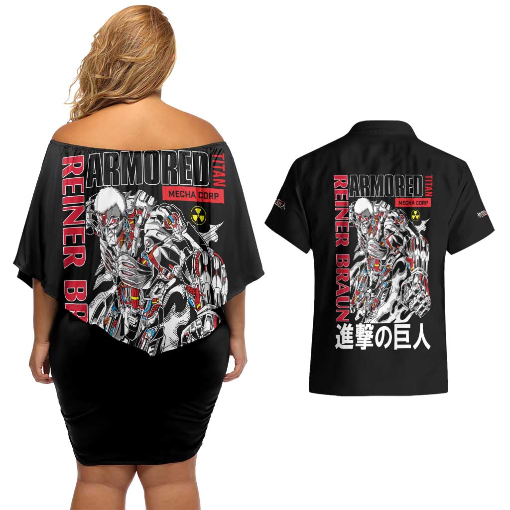 Armored Titan Attack on Titan Couples Matching Off Shoulder Short Dress and Hawaiian Shirt Anime Style
