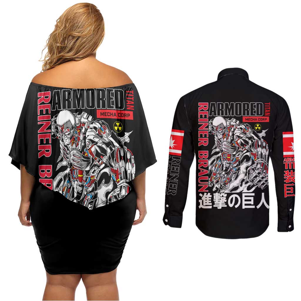 Armored Titan Attack on Titan Couples Matching Off Shoulder Short Dress and Long Sleeve Button Shirt Anime Style