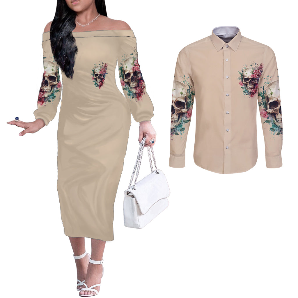 fresh-out-of-f-watercolor-skull-couples-matching-off-the-shoulder-long-sleeve-dress-and-long-sleeve-button-shirt