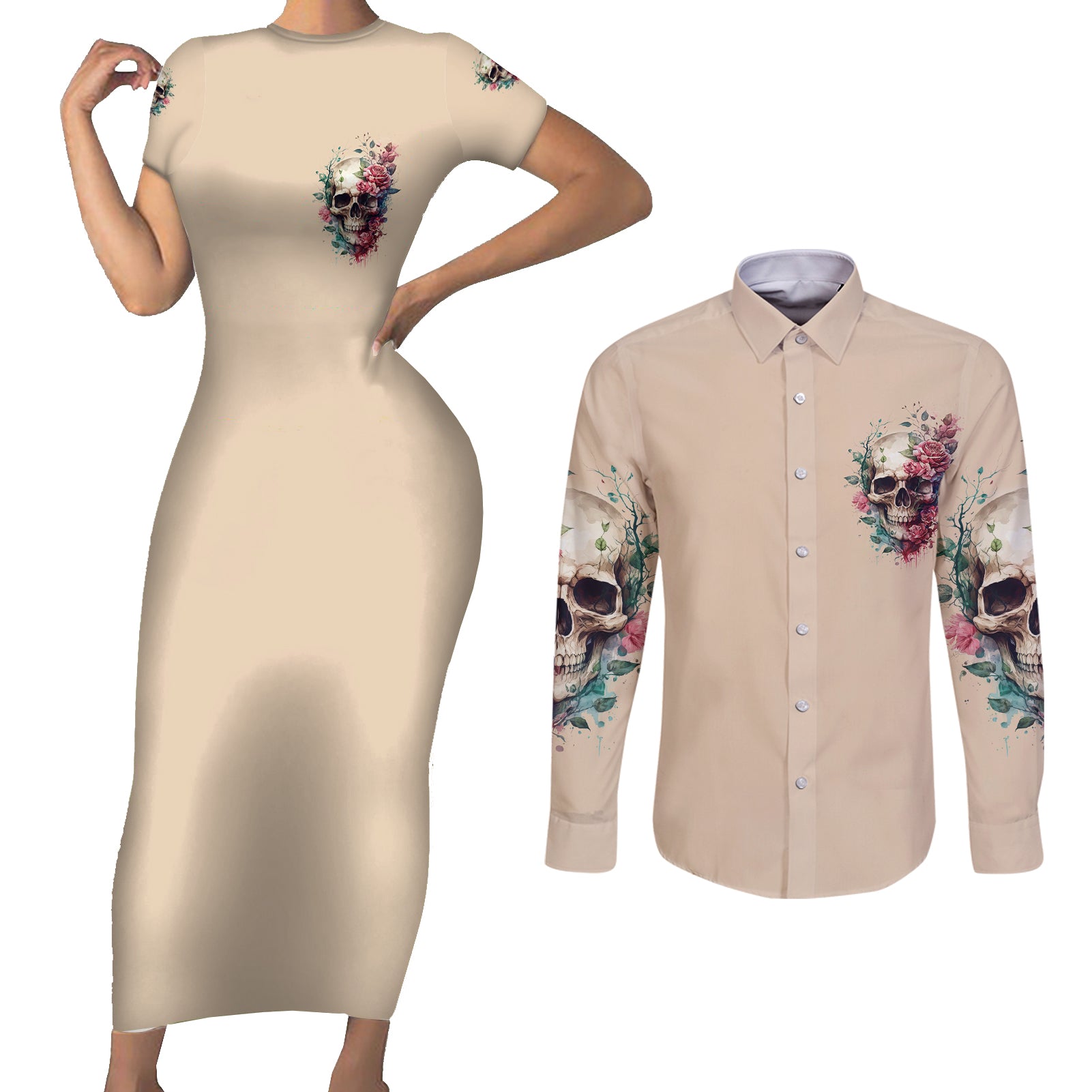 fresh-out-of-f-watercolor-skull-couples-matching-short-sleeve-bodycon-dress-and-long-sleeve-button-shirt