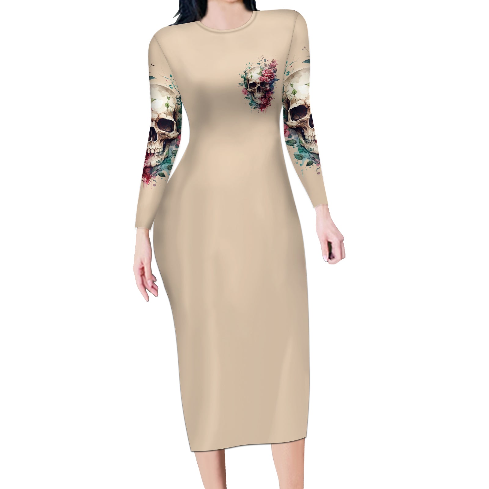 fresh-out-of-f-watercolor-skull-long-sleeve-bodycon-dress