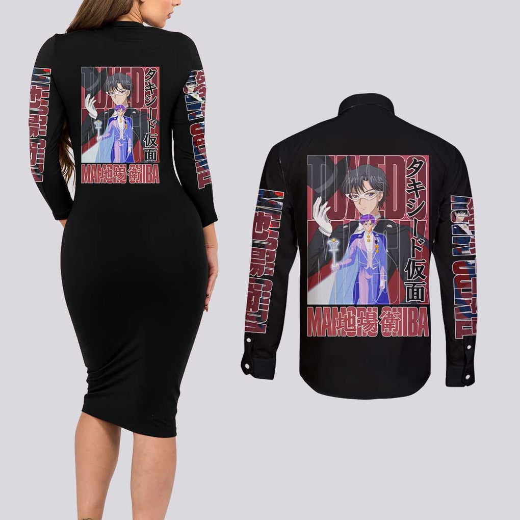 Tuxedo Mask Sailor Moon Couples Matching Long Sleeve Bodycon Dress and Long Sleeve Button Shirt Anime Style