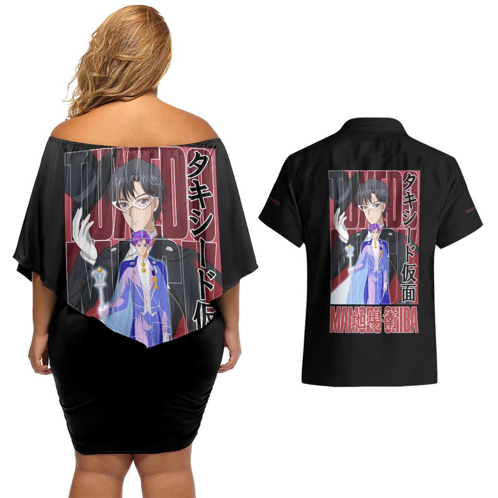 Tuxedo Mask Sailor Moon Couples Matching Off Shoulder Short Dress and Hawaiian Shirt Anime Style