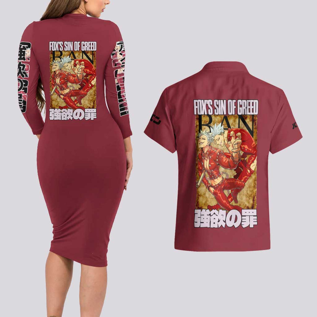 Ban Seven Deadly Sins Couples Matching Long Sleeve Bodycon Dress and Hawaiian Shirt Anime Style