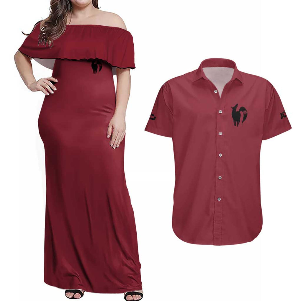 Ban Seven Deadly Sins Couples Matching Off Shoulder Maxi Dress and Hawaiian Shirt Anime Style