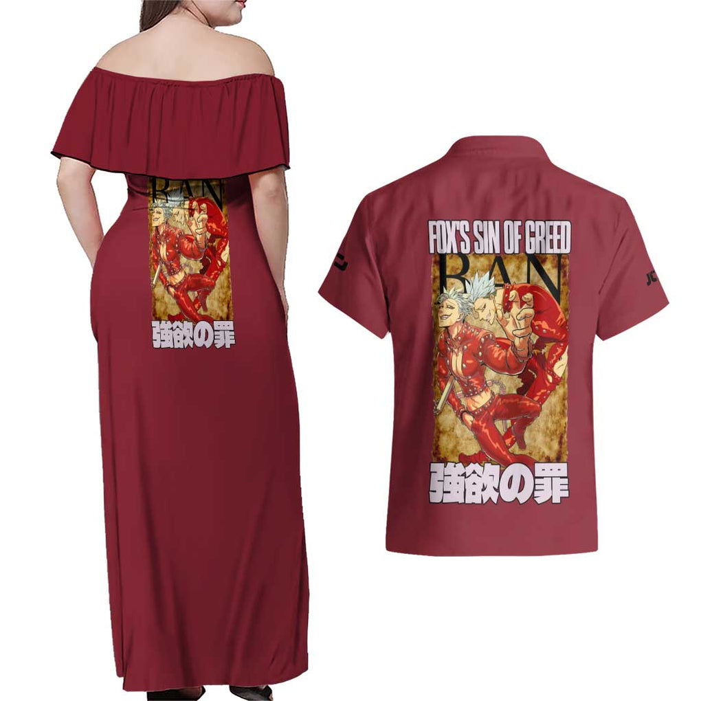 Ban Seven Deadly Sins Couples Matching Off Shoulder Maxi Dress and Hawaiian Shirt Anime Style