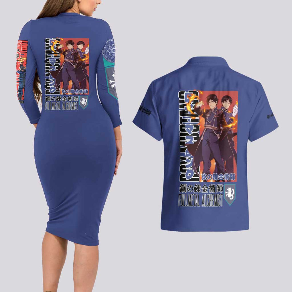 Roy Mustang Fullmetal Alchemist Couples Matching Long Sleeve Bodycon Dress and Hawaiian Shirt Anime Style