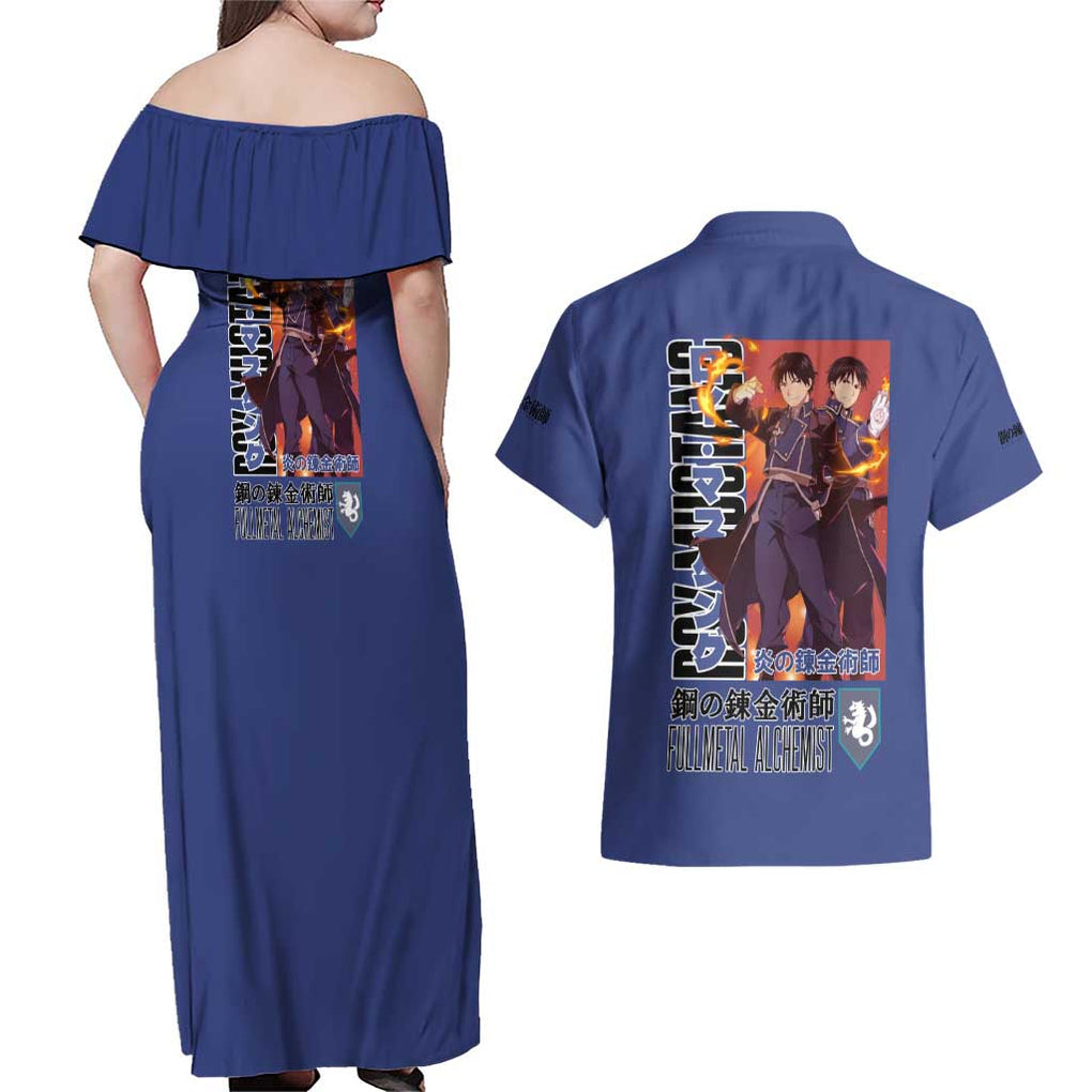 Roy Mustang Fullmetal Alchemist Couples Matching Off Shoulder Maxi Dress and Hawaiian Shirt Anime Style
