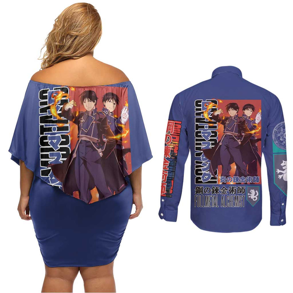 Roy Mustang Fullmetal Alchemist Couples Matching Off Shoulder Short Dress and Long Sleeve Button Shirt Anime Style