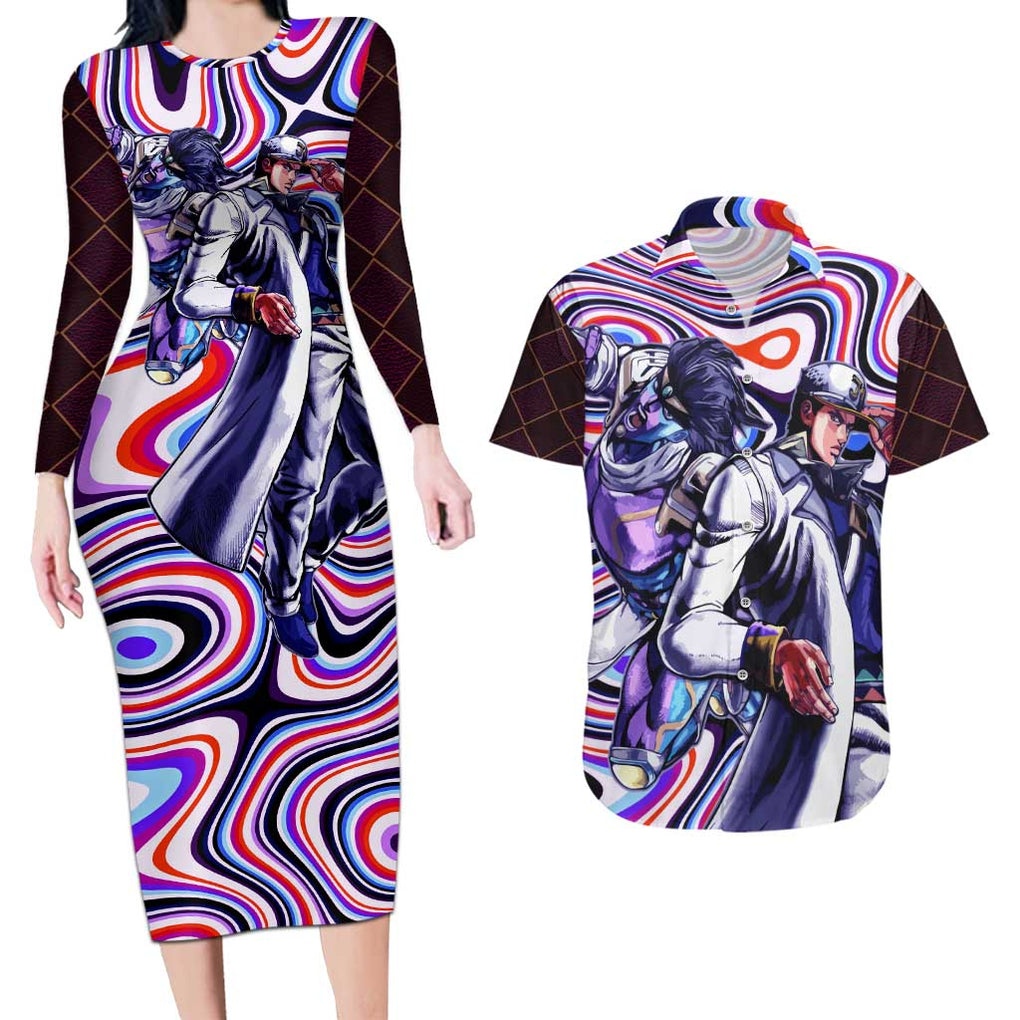 Trippy Jotaro Kujo JoJo’s Bizarre Adventure Couples Matching Long Sleeve Bodycon Dress and Hawaiian Shirt Anime Mix Trippy Style