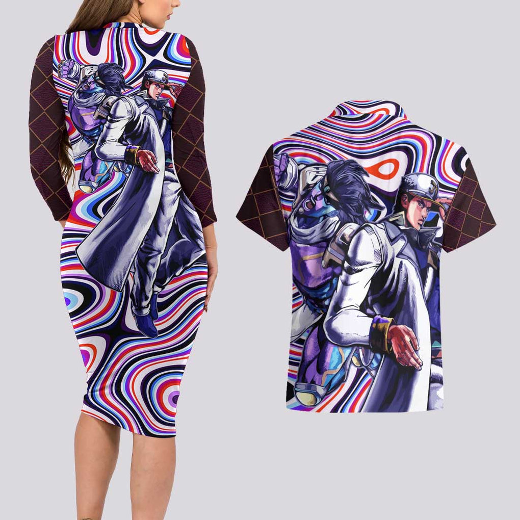 Trippy Jotaro Kujo JoJo’s Bizarre Adventure Couples Matching Long Sleeve Bodycon Dress and Hawaiian Shirt Anime Mix Trippy Style