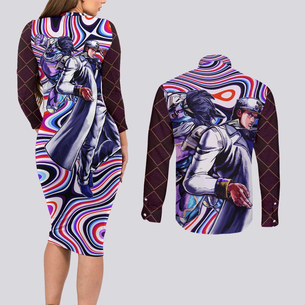 Trippy Jotaro Kujo JoJo’s Bizarre Adventure Couples Matching Long Sleeve Bodycon Dress and Long Sleeve Button Shirt Anime Mix Trippy Style
