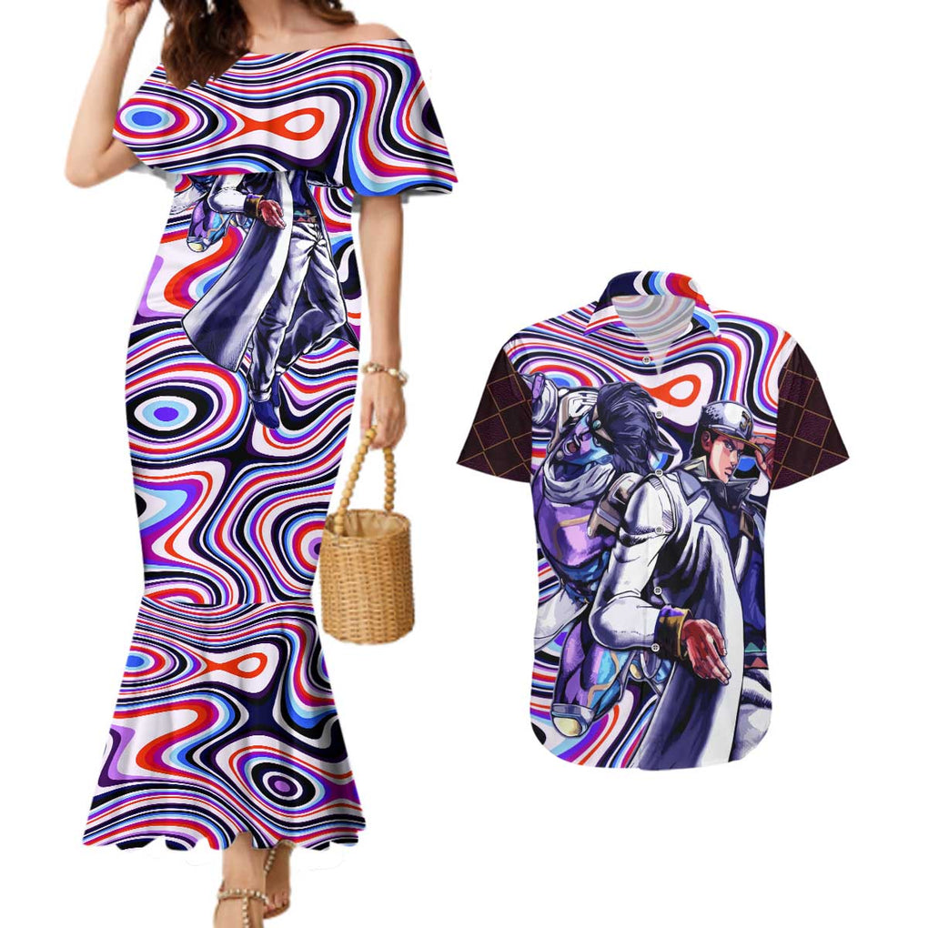 Trippy Jotaro Kujo JoJo’s Bizarre Adventure Couples Matching Mermaid Dress and Hawaiian Shirt Anime Mix Trippy Style