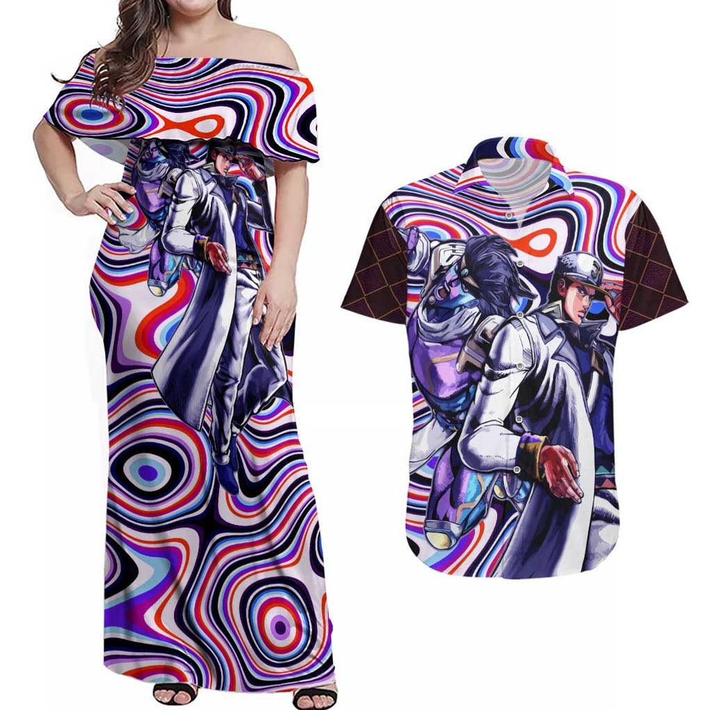 Trippy Jotaro Kujo JoJo’s Bizarre Adventure Couples Matching Off Shoulder Maxi Dress and Hawaiian Shirt Anime Mix Trippy Style