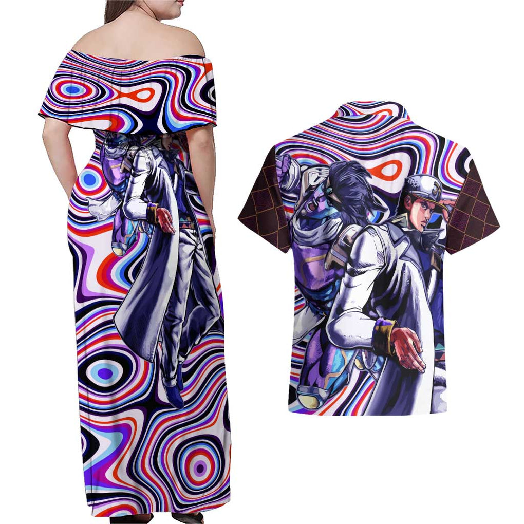 Trippy Jotaro Kujo JoJo’s Bizarre Adventure Couples Matching Off Shoulder Maxi Dress and Hawaiian Shirt Anime Mix Trippy Style