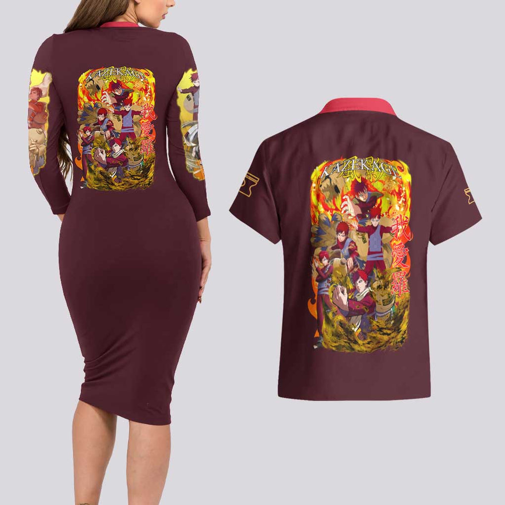 Gaara V2 Naruto Couples Matching Long Sleeve Bodycon Dress and Hawaiian Shirt Japan Anime Style