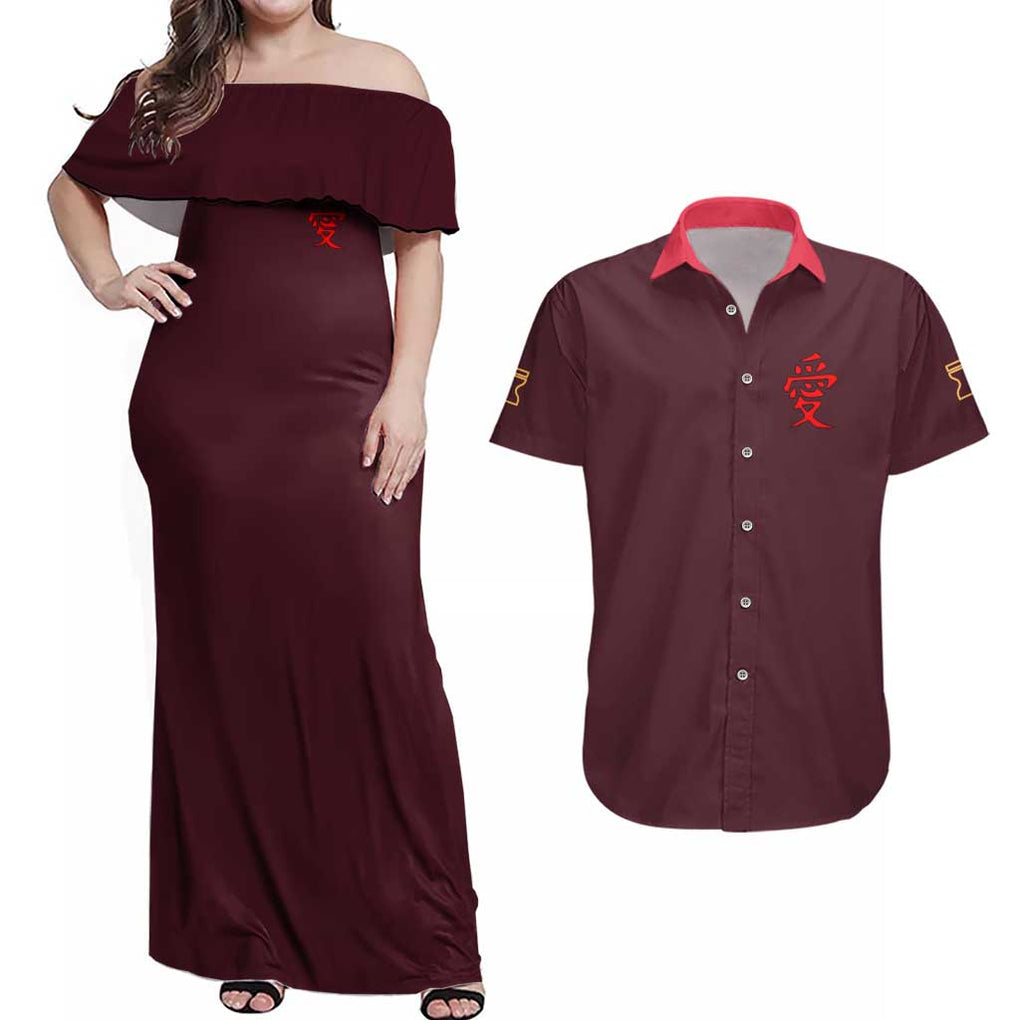 Gaara V2 Naruto Couples Matching Off Shoulder Maxi Dress and Hawaiian Shirt Japan Anime Style