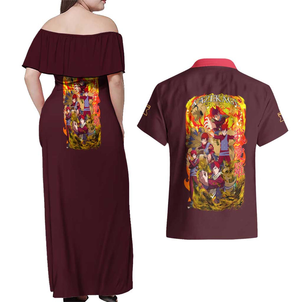 Gaara V2 Naruto Couples Matching Off Shoulder Maxi Dress and Hawaiian Shirt Japan Anime Style