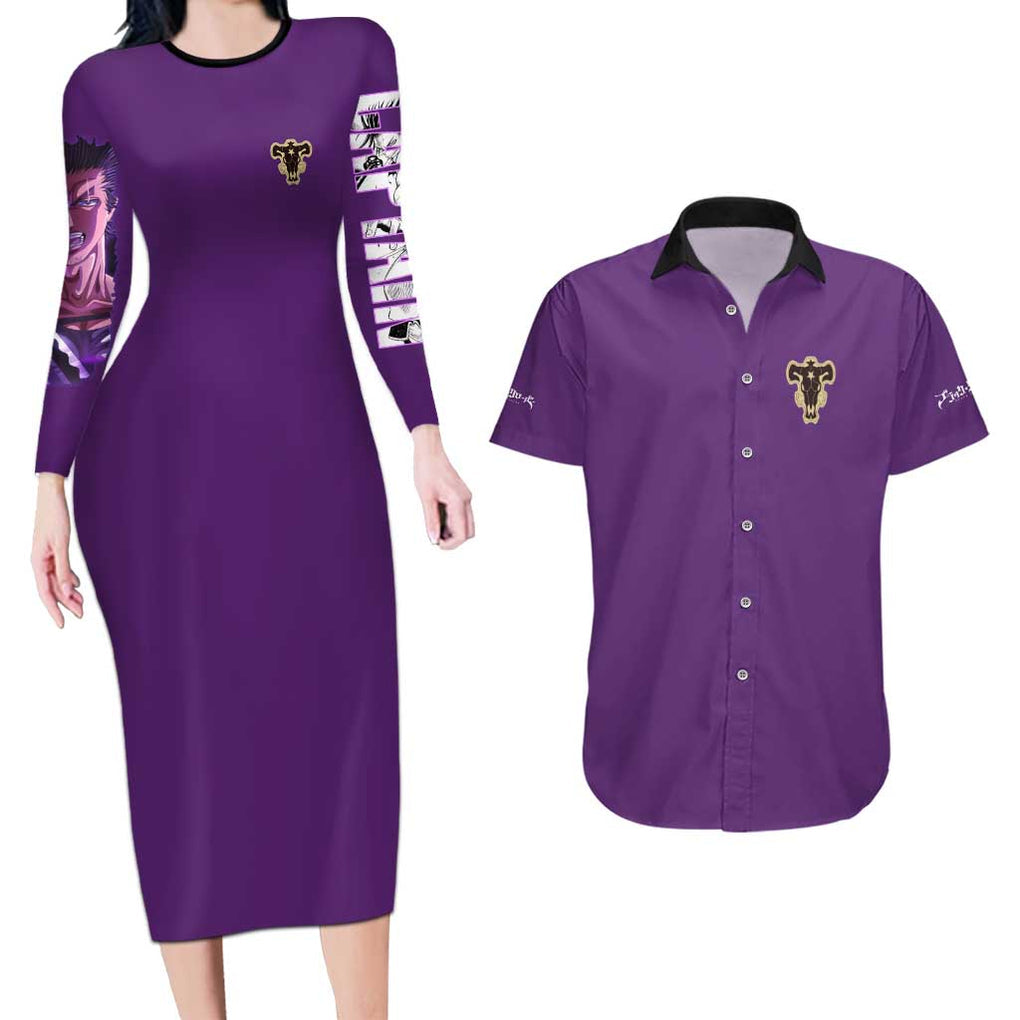 Yami Sukehiro V4 Black Clover Couples Matching Long Sleeve Bodycon Dress and Hawaiian Shirt Japan Anime Style