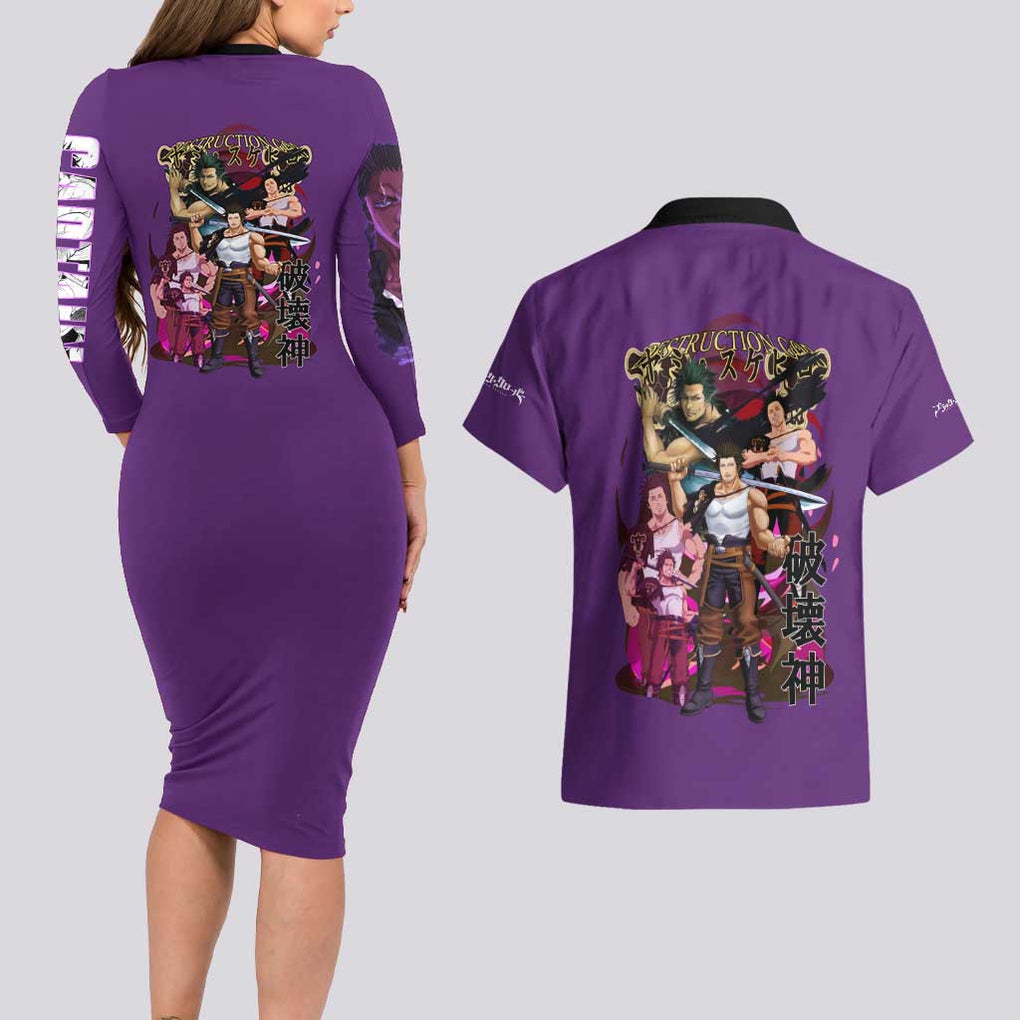 Yami Sukehiro V4 Black Clover Couples Matching Long Sleeve Bodycon Dress and Hawaiian Shirt Japan Anime Style
