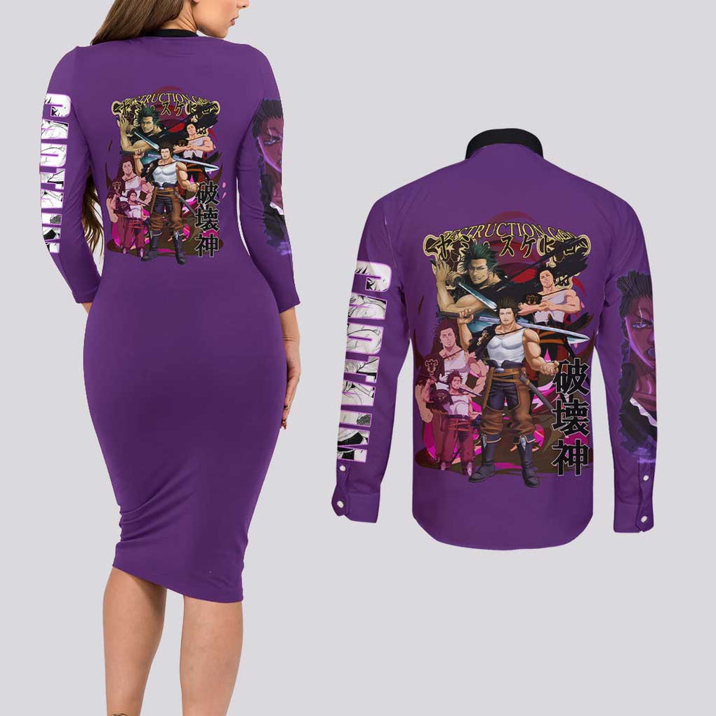 Yami Sukehiro V4 Black Clover Couples Matching Long Sleeve Bodycon Dress and Long Sleeve Button Shirt Japan Anime Style