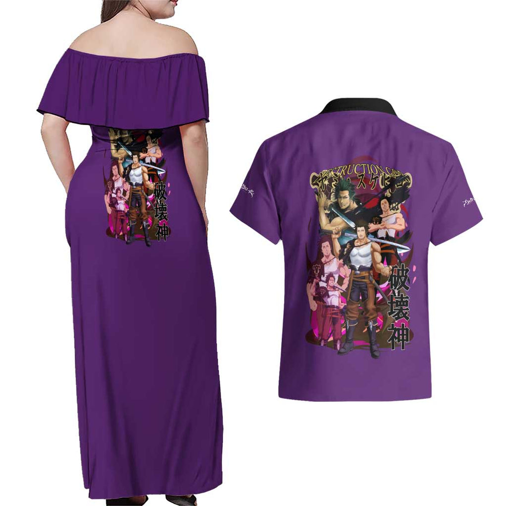 Yami Sukehiro V4 Black Clover Couples Matching Off Shoulder Maxi Dress and Hawaiian Shirt Japan Anime Style