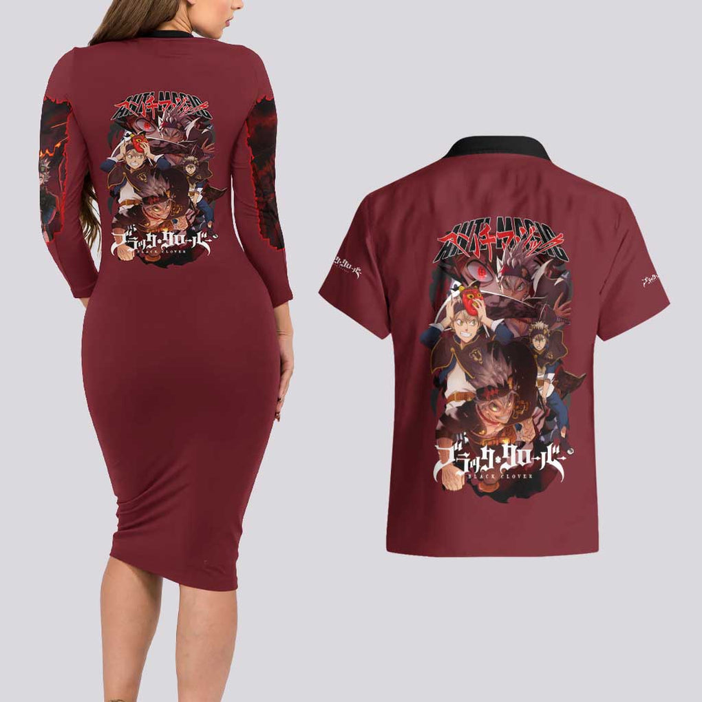 Asta V4 Black Clover Couples Matching Long Sleeve Bodycon Dress and Hawaiian Shirt Japan Anime Style