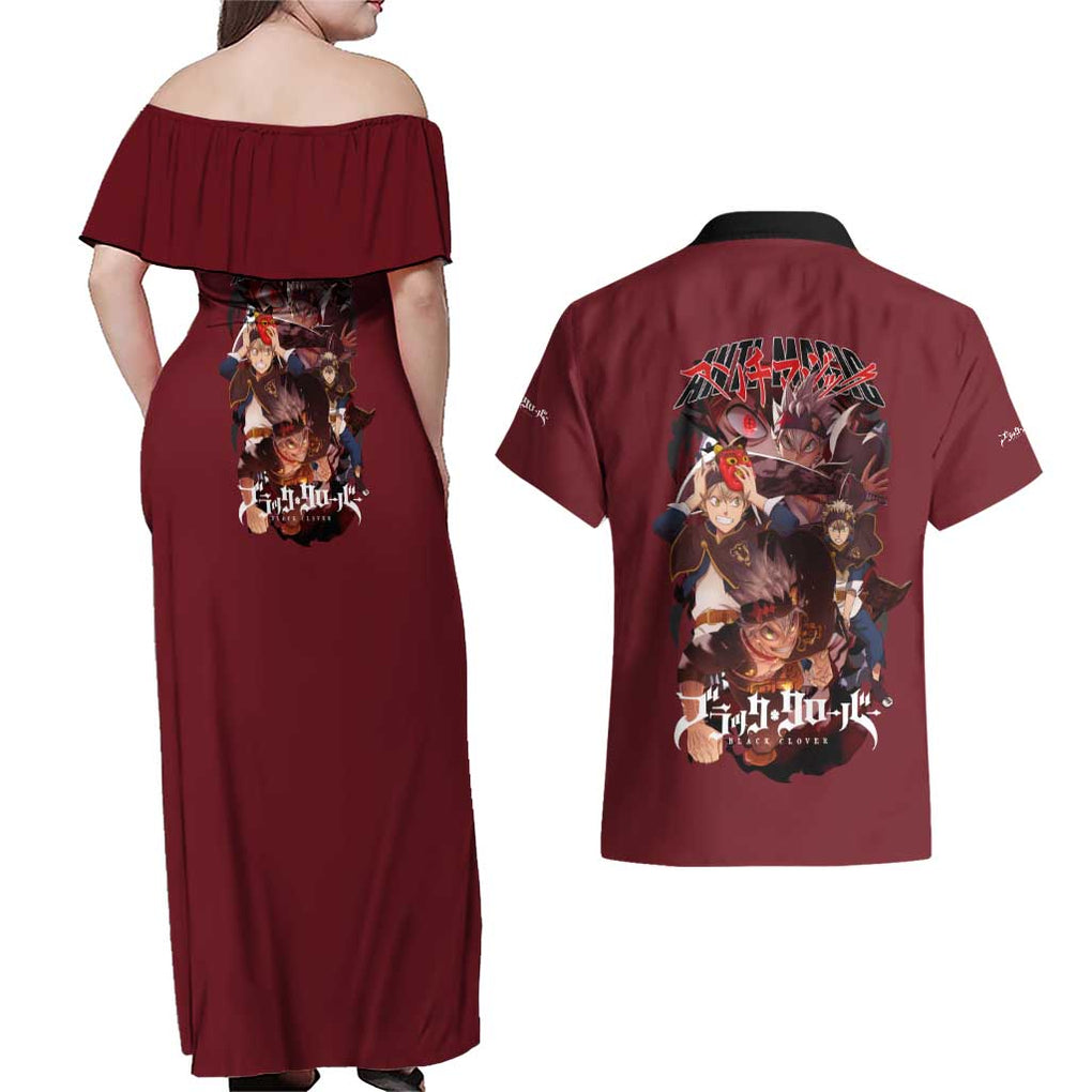 Asta V4 Black Clover Couples Matching Off Shoulder Maxi Dress and Hawaiian Shirt Japan Anime Style