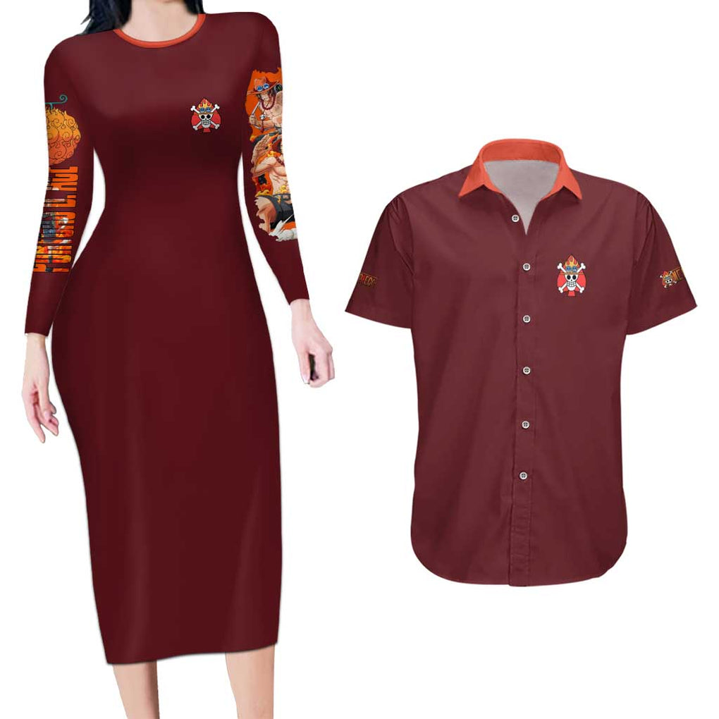 Portgas D. Ace V3 One Piece Couples Matching Long Sleeve Bodycon Dress and Hawaiian Shirt Japan Anime Style