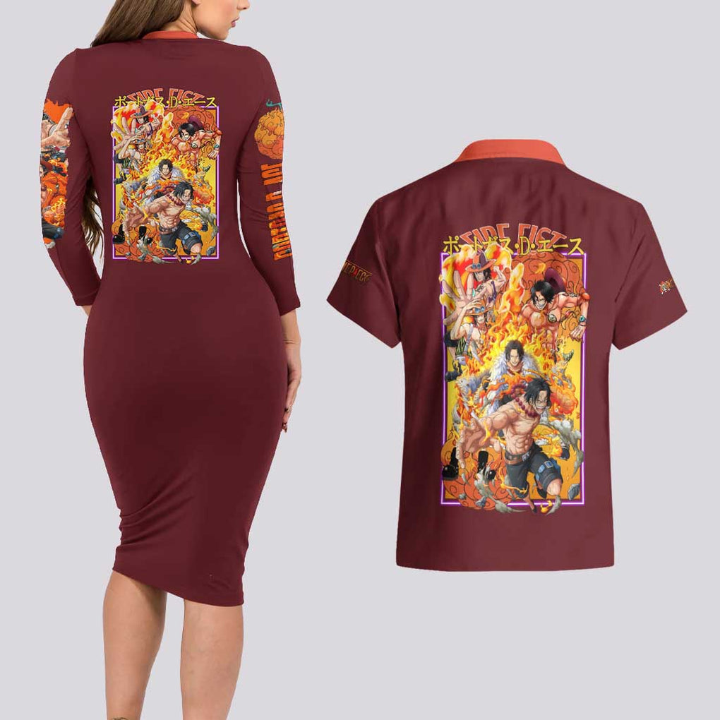 Portgas D. Ace V3 One Piece Couples Matching Long Sleeve Bodycon Dress and Hawaiian Shirt Japan Anime Style