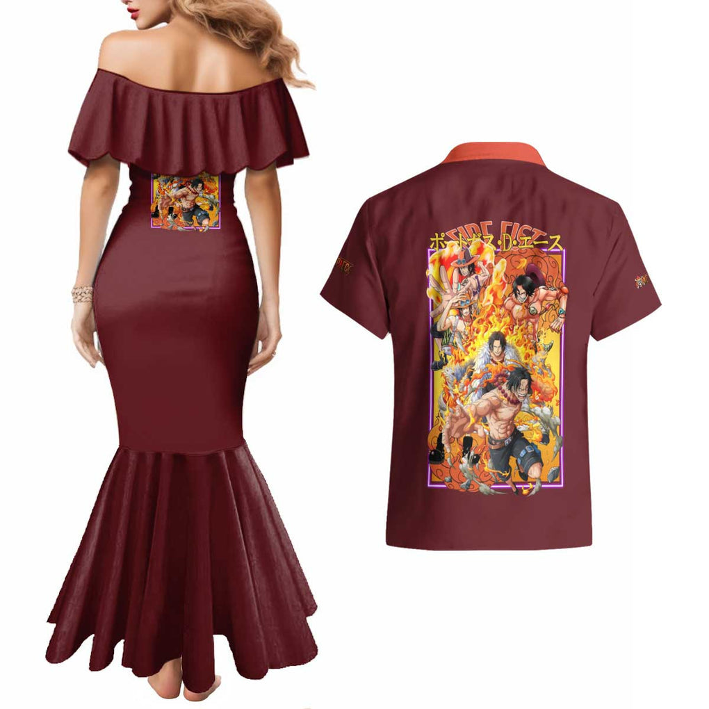 Portgas D. Ace V3 One Piece Couples Matching Mermaid Dress and Hawaiian Shirt Japan Anime Style