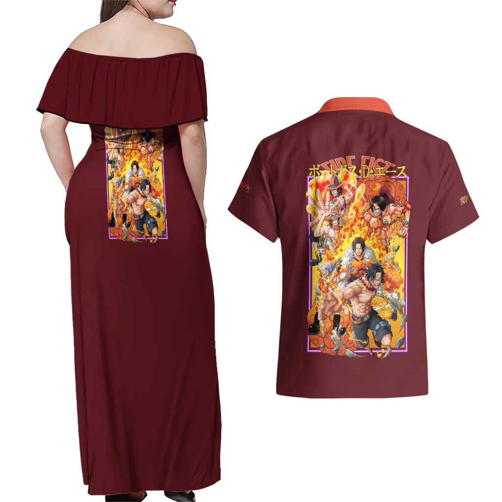 Portgas D. Ace V3 One Piece Couples Matching Off Shoulder Maxi Dress and Hawaiian Shirt Japan Anime Style