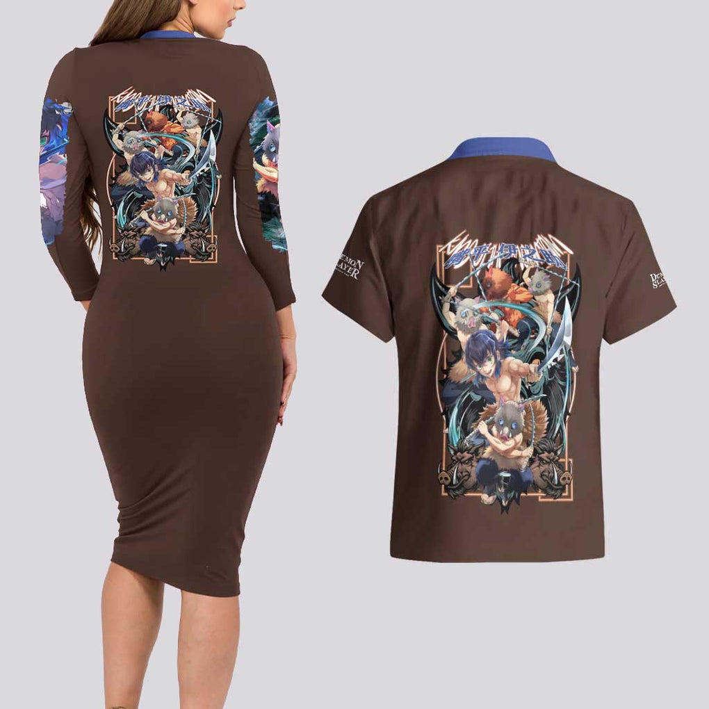 Hashibira Inosuke V2 Demon Slayer Couples Matching Long Sleeve Bodycon Dress and Hawaiian Shirt Japan Anime Style