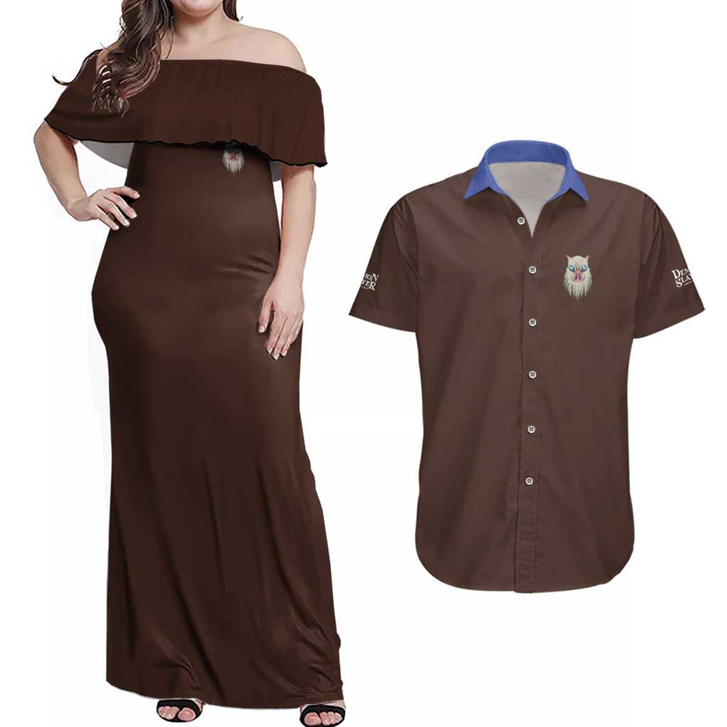 Hashibira Inosuke V2 Demon Slayer Couples Matching Off Shoulder Maxi Dress and Hawaiian Shirt Japan Anime Style