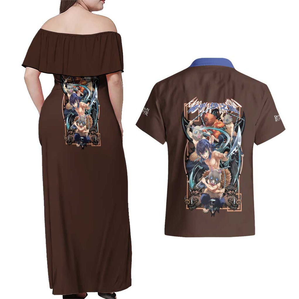 Hashibira Inosuke V2 Demon Slayer Couples Matching Off Shoulder Maxi Dress and Hawaiian Shirt Japan Anime Style