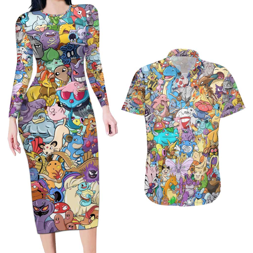 Pocket Monsters Poke Couples Matching Long Sleeve Bodycon Dress and Hawaiian Shirt Japan Anime Style - The Mazicc