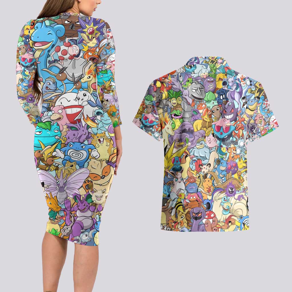 Pocket Monsters Poke Couples Matching Long Sleeve Bodycon Dress and Hawaiian Shirt Japan Anime Style - The Mazicc