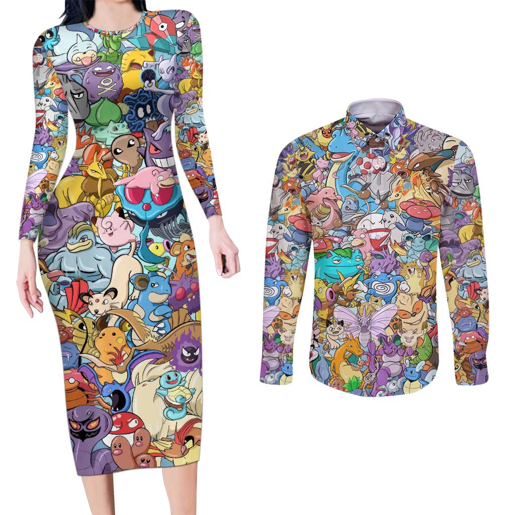 Pocket Monsters Poke Couples Matching Long Sleeve Bodycon Dress and Long Sleeve Button Shirt Japan Anime Style - The Mazicc