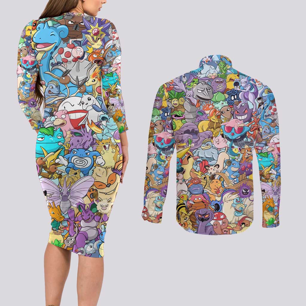 Pocket Monsters Poke Couples Matching Long Sleeve Bodycon Dress and Long Sleeve Button Shirt Japan Anime Style - The Mazicc