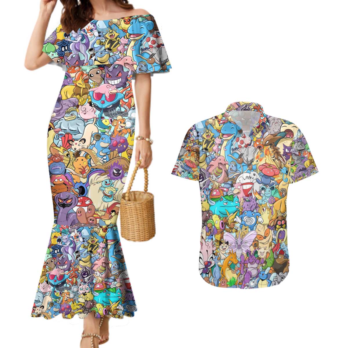 Pocket Monsters Poke Couples Matching Mermaid Dress and Hawaiian Shirt Japan Anime Style - The Mazicc