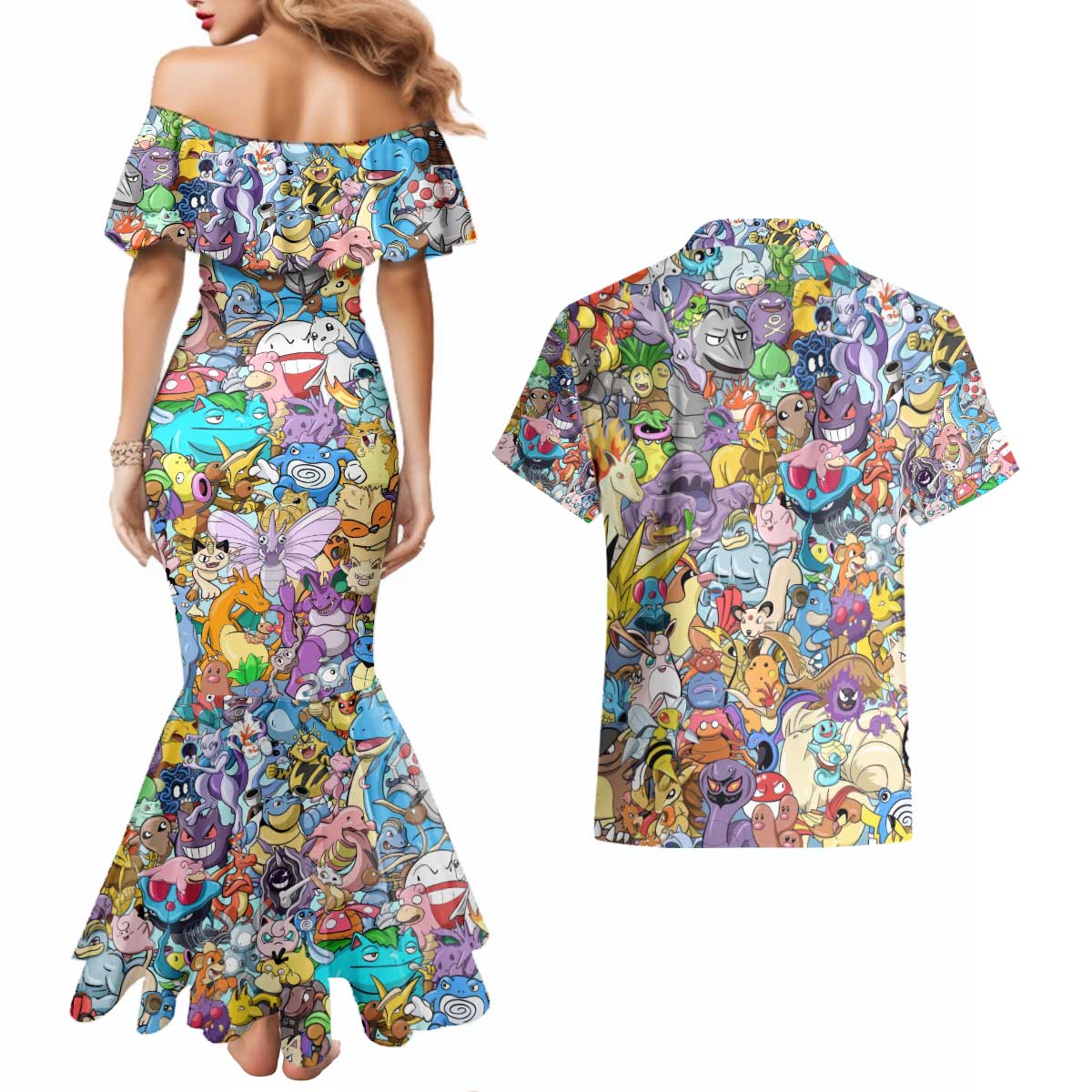 Pocket Monsters Poke Couples Matching Mermaid Dress and Hawaiian Shirt Japan Anime Style - The Mazicc