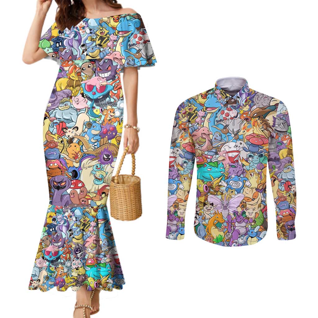 Pocket Monsters Poke Couples Matching Mermaid Dress and Long Sleeve Button Shirt Japan Anime Style - The Mazicc