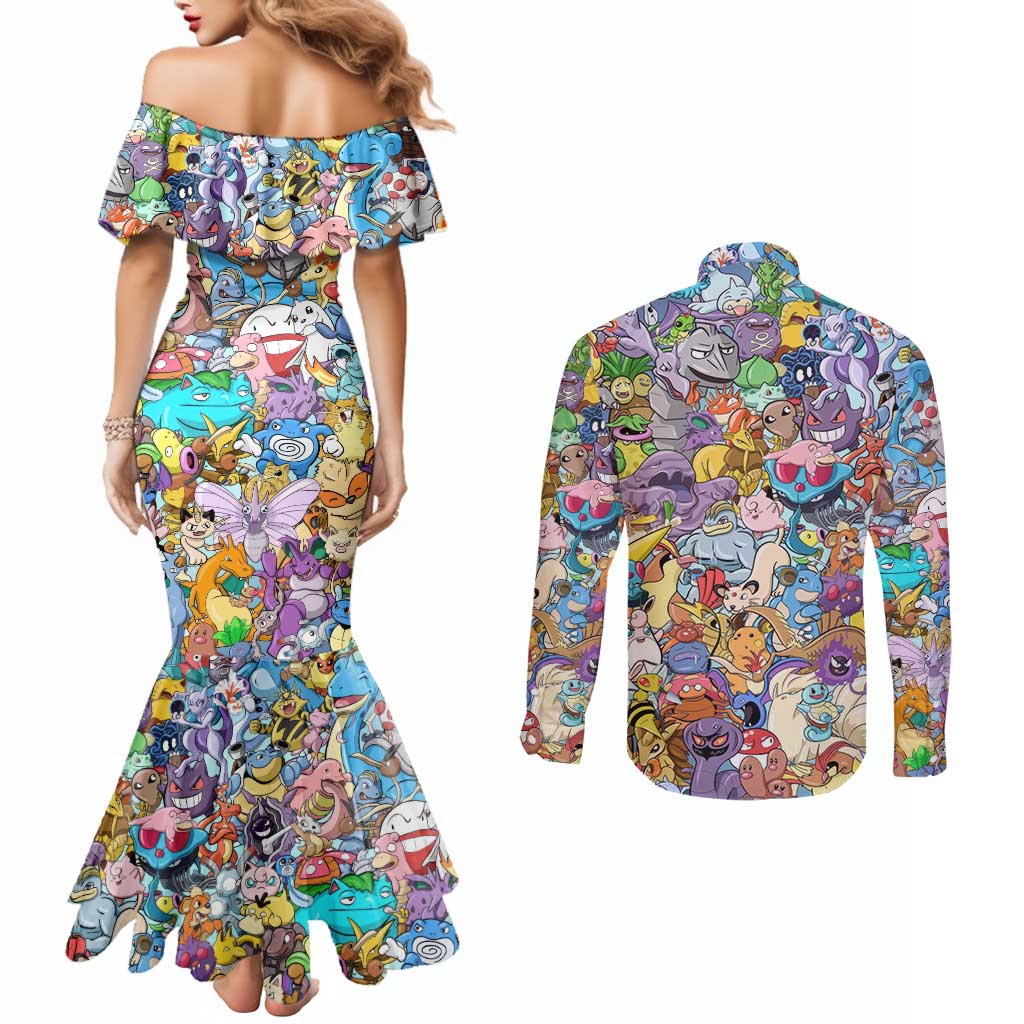 Pocket Monsters Poke Couples Matching Mermaid Dress and Long Sleeve Button Shirt Japan Anime Style - The Mazicc
