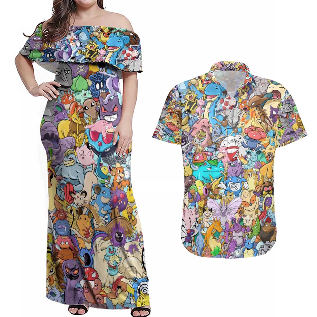 Pocket Monsters Poke Couples Matching Off Shoulder Maxi Dress and Hawaiian Shirt Japan Anime Style - The Mazicc